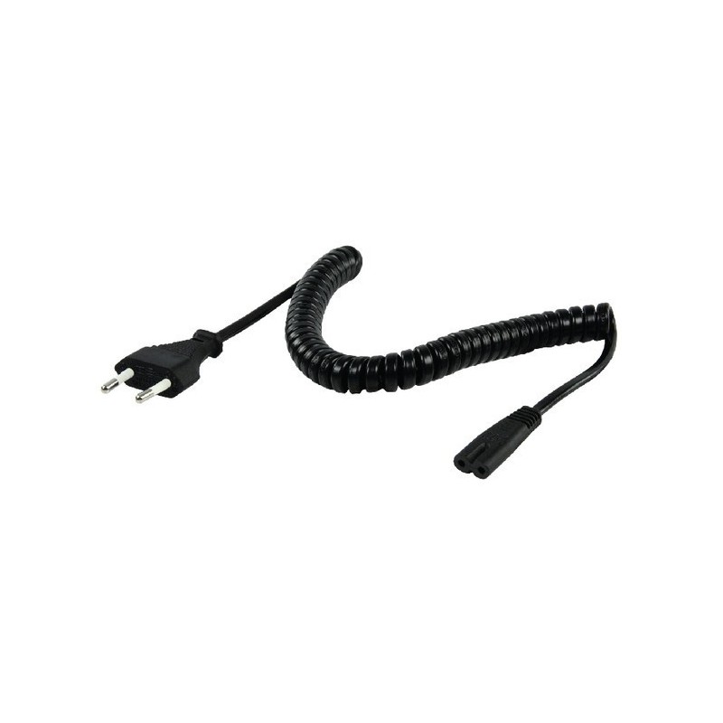 Power cord with flat 2-pole 230V Euro plug and C7, 8-pin device plug, spiral,
