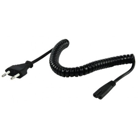 Nätsladd med platt 2-polig 230V Euro-kontakt och C7, 8-polig apparatkontakt, spiralformad,