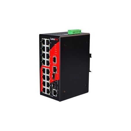 16 ports Industriel 10/100 + 2 ports 100/1000Mbit SFP slot (combi), haneaged switch. DIN-beslag. -10 - +70°C, 12 - 4