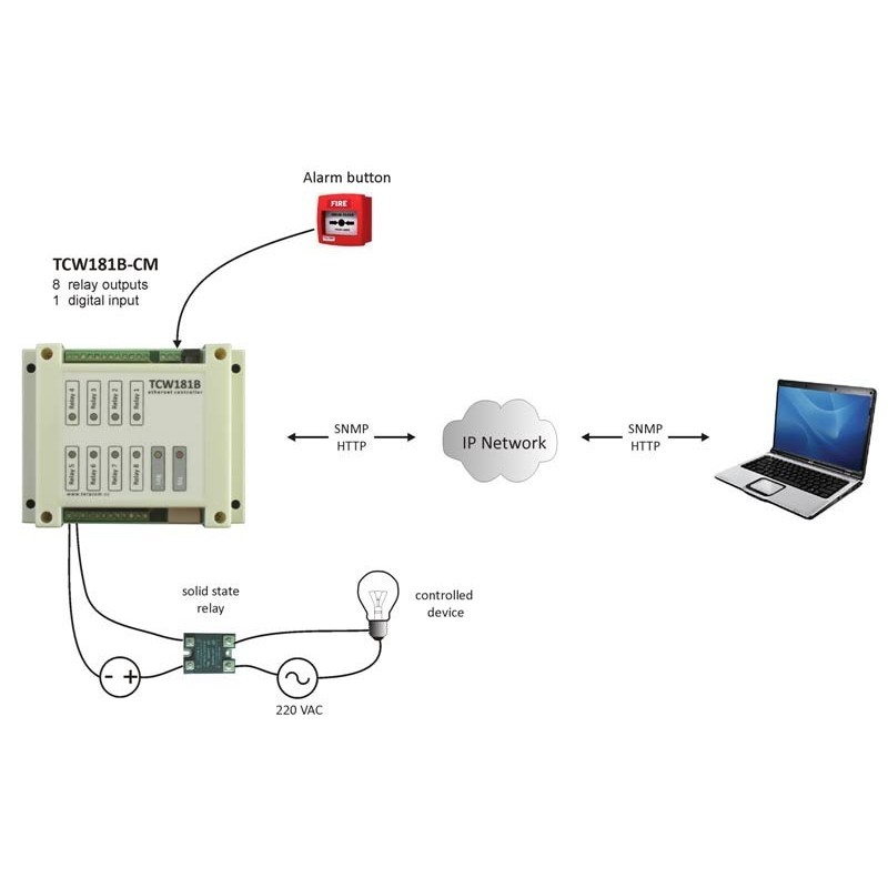 Teracom TCW181B-CM with 8 relay NO and NC contacts with up to 3Amp, either AC or DC current.