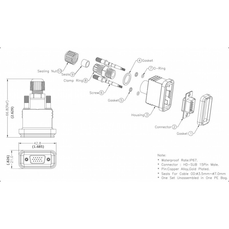 IP67 waterproof VGA, DB15HD, HD-Sub female connector.