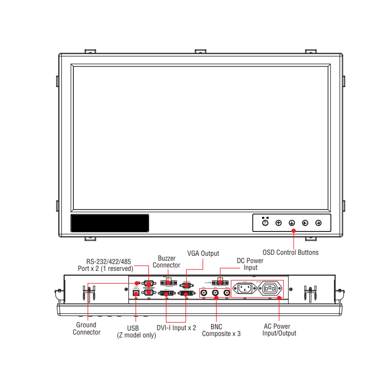 24 "MOXA MD124Z pekskärm, 1920x1080, VGA, BNC, DVI-D, damm och vattentät IP66 - Binär Teknik ABA / S