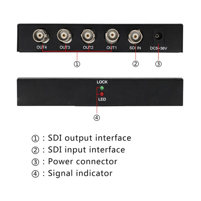 4-portars SDI splitter, SD-SDI, HD-SDI, 3G-SDI