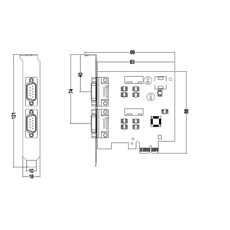 PCI Express-kort 2 x RS422/485 Överspänningsisolering DOS Linux, DOS, XP, Win10/11 Windows Server 2003/2008/2012/2016/2019/2022