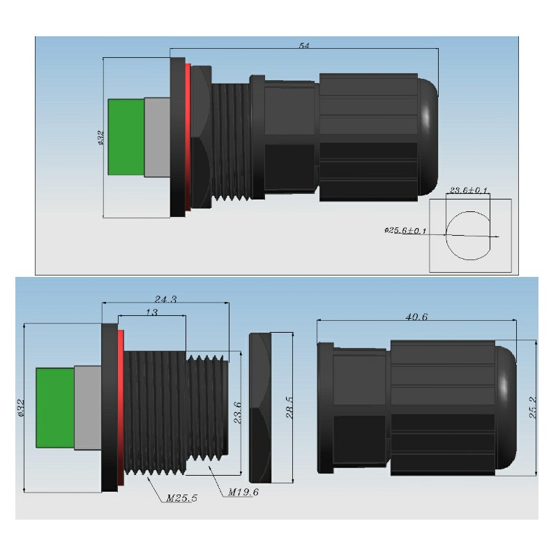 Outdoor M25 RJ45 - PCB IP67 kontakt - vattentät RJ45 adapter för panelmontering