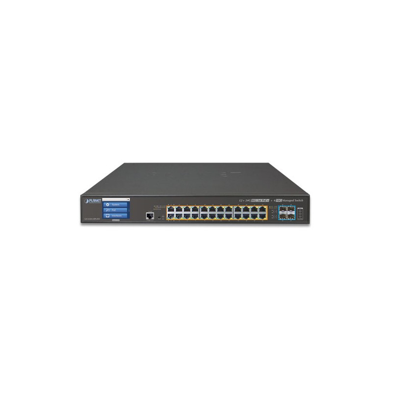 24 port Gigabit switch 10/100/1000Mbit RJ45, 4 x SFP slot for 10Gbit / 1Gbit, Managed, PoE+