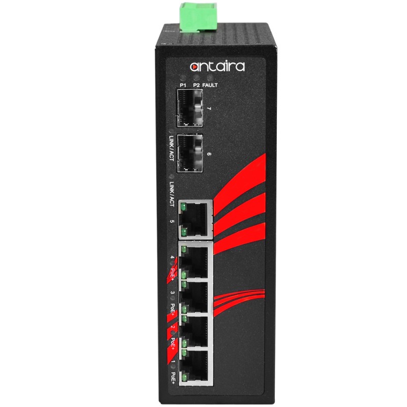 7 portar industriell PoE + ojaneaged switch med 4 x RJ45 + 3 x SFp portar