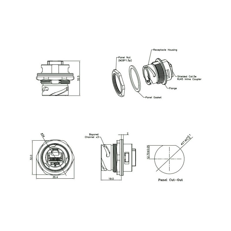 Vattentät RJ45-kontakt i 3 delar - IP68 tät - metall - Binär Teknik
