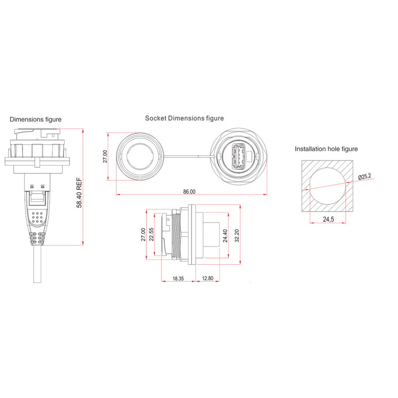 Vattentät USB3.0 chassi honkontakt, IP67 med lock, 1 meter kabel. Plast.