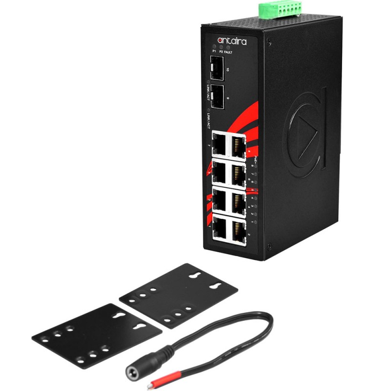 10 portar RJ45-switch med 8 portar RJ45 och 2 portar SFP, -40 ° till 75 ° C