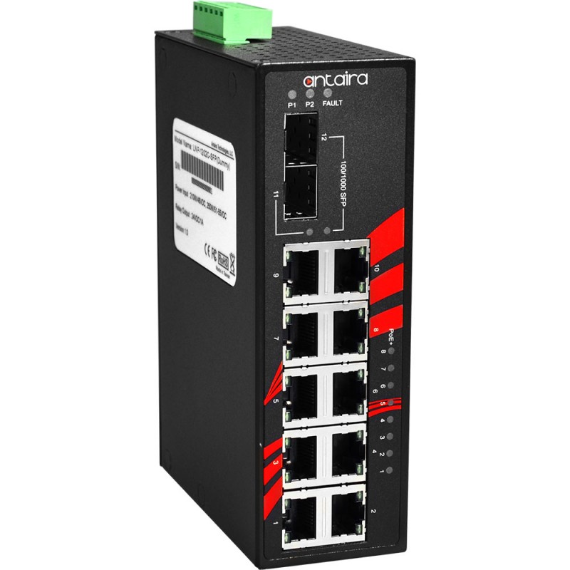 12Port Industrial PoE + Gigabit ojaneaged switch, -40 ° till 75 ° C
