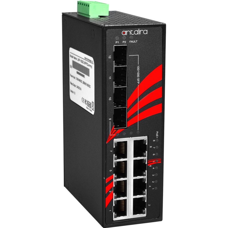 12-ports industriell gigabit PoE + -brytare, 8 RJ45, 4 SFP