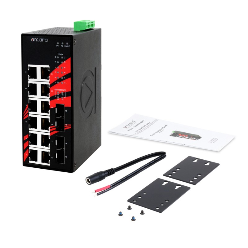 16 Port Industrial Gigabit PoE + Ej styrd strömbrytare, 12 RJ45, 4 FTP