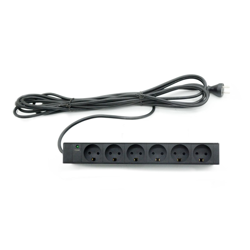 Socket with 6 DK mains sockets and earth, 7m cable - Electric rail in metal housing