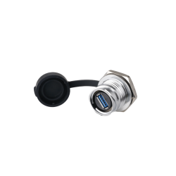 Waterproof USB 3.0 female connector with flange to the chassis, IP68 closely with hood, USB female / female