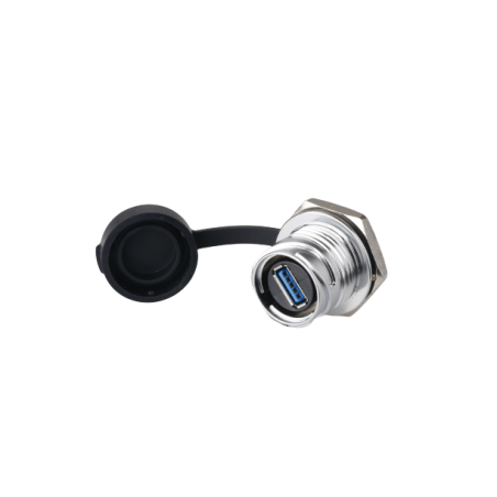 Vattentät USB 3.0 honkontakt med fläns till chassit, IP68 tätt med huva, USB hona / hona