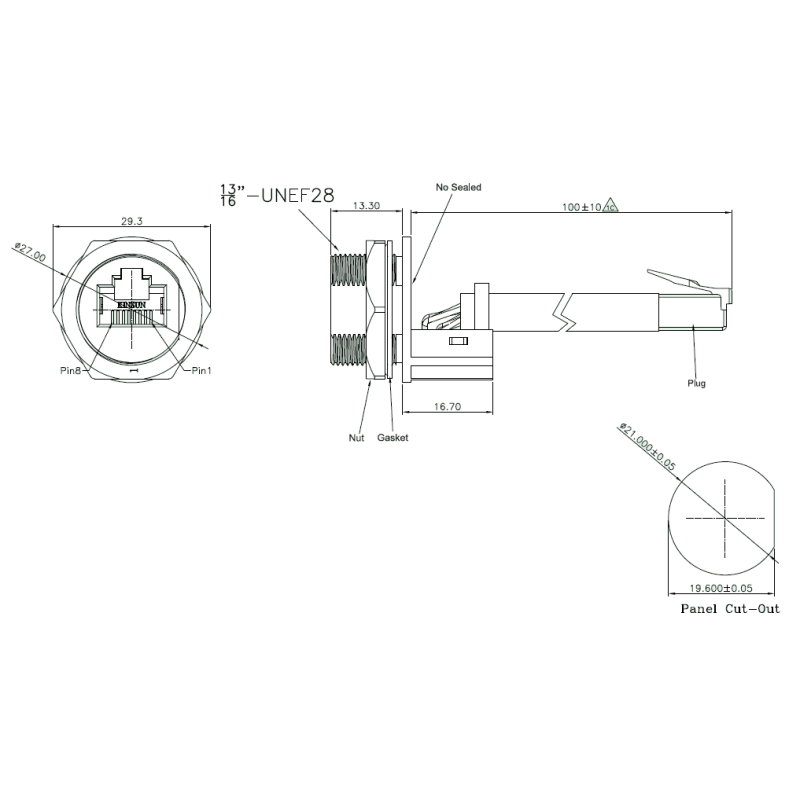 Vattentät RJ45 chassikontakt, 21 mm gänga - för utomhusbruk