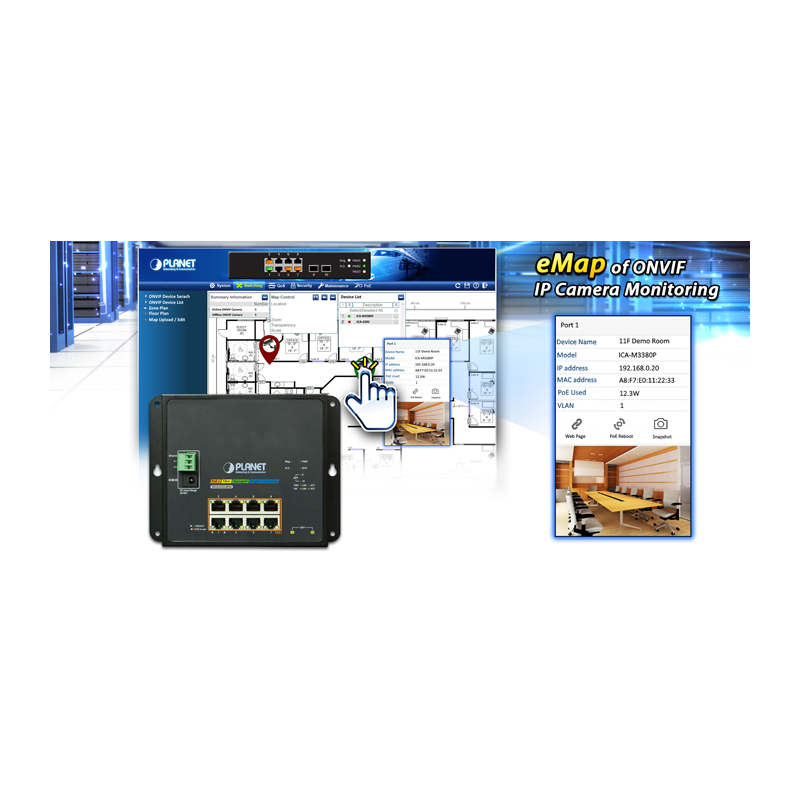 8 portar Managed switch 8 x 10/100/1000Mbit RJ45. Fiber 2 x 100/1000Mbit SFP. PoE+