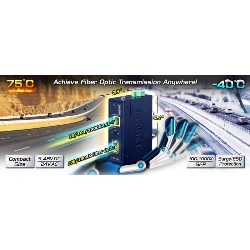 En port Media Omvandlare med en x SFP slot 100 / 1000Mbit och 1 x Gbit RJ45 port,