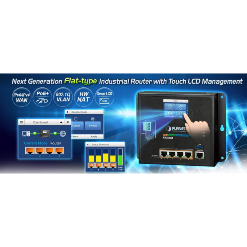 4 Port Industrial Router with PoE +, LCD management, 10/100 / 1000Mbit
