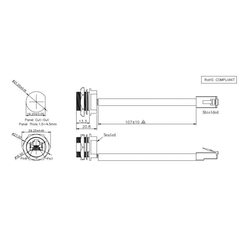 Waterproof RJ45 chassis connector, 21 mm thread - for outdoor use