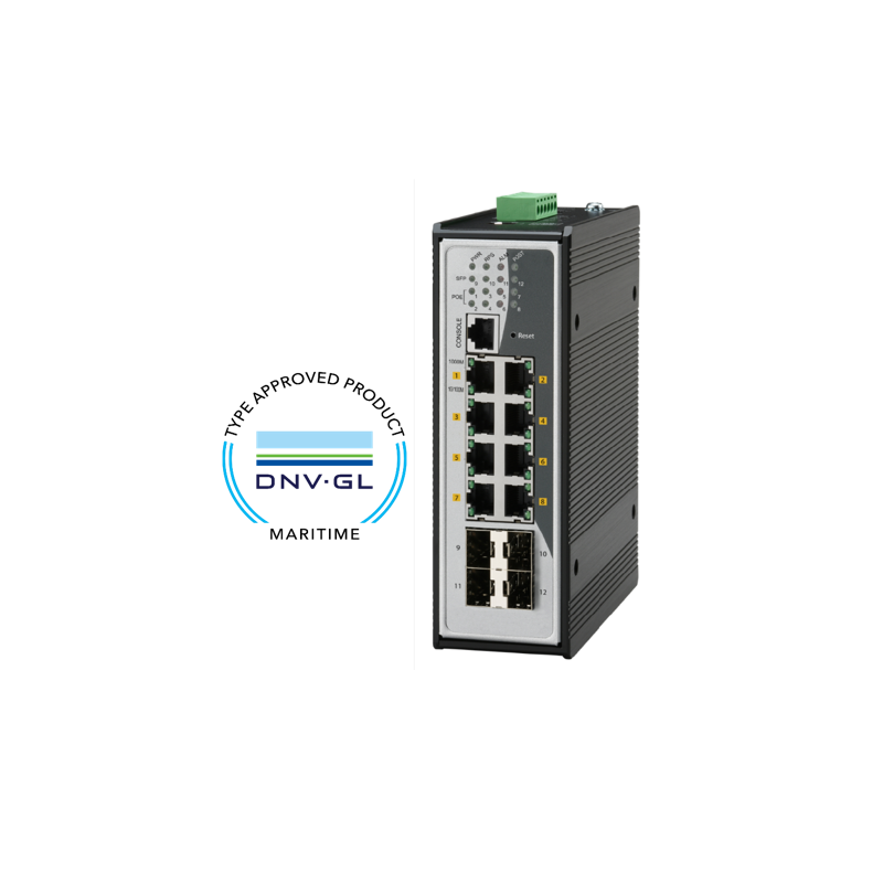 8 port DNV GL marine approved managed switch 8 x 10/100 / 1000Mbit. Fiber 4 x SFP 1000Mbit