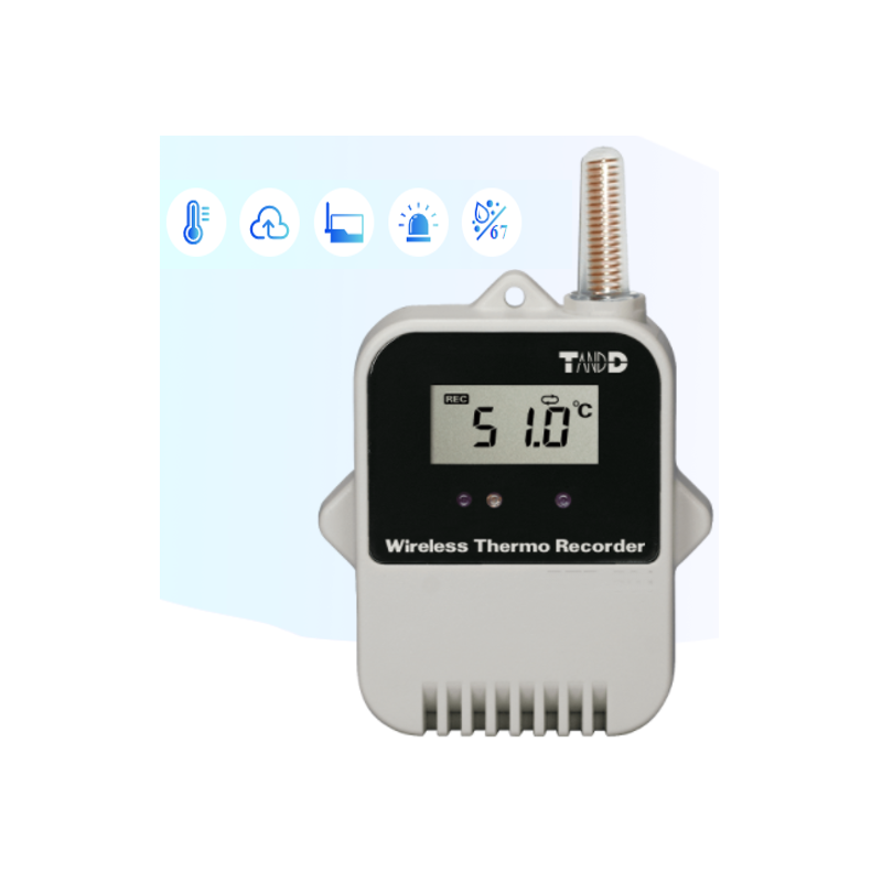 1 channel temperature logger -40 - +80°C, to wireless data collector up to 150m. Bluetooth battery operation