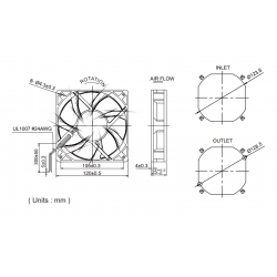 Comoputer cabinet 12VDC fan 120 x 120 x 25mm, with thermal sensor quiet noise reducing