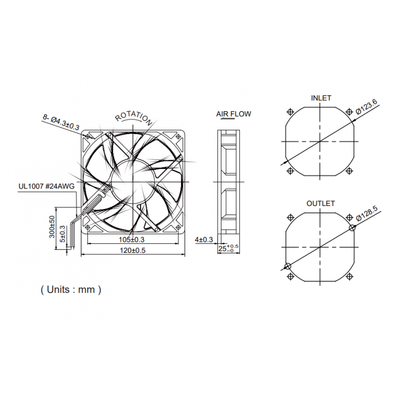 Datorskåp 12VDC fläkt 120 x 120 x 25mm, med termisk sensor tyst brusreducerande
