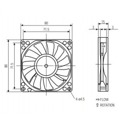 12VDC fan 80 x 80 x 15 mm, 3-pin (+12V, GND, tachometer),