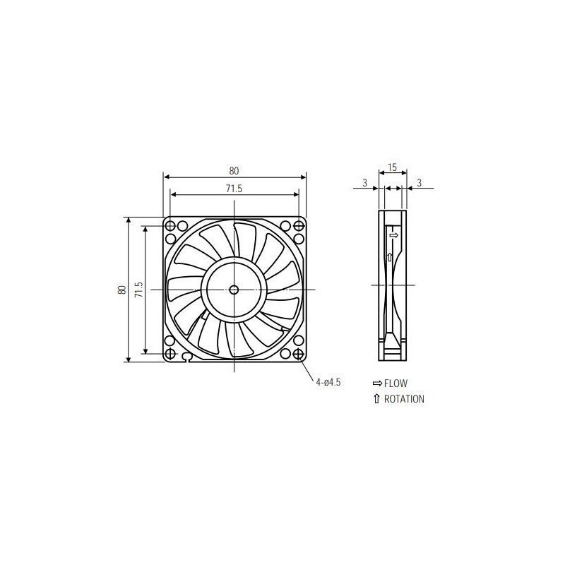 12VDC fan 80 x 80 x 15 mm, 3-pin (+12V, GND, tachometer),
