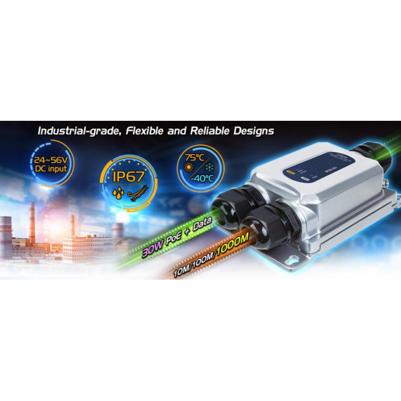 IP67 Poe Injector, 30 Watt PoE+ Gigabit, Slutspam, Supply spänning 24 - 56VDC