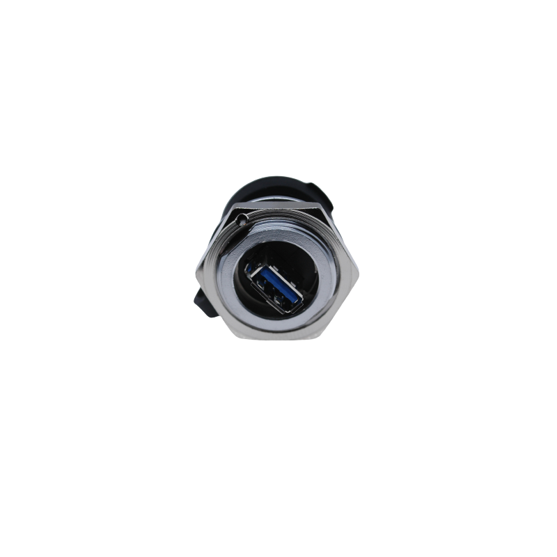 Waterproof USB 3.0 female connector with flange to the chassis, IP68 closely with hood, USB female / female