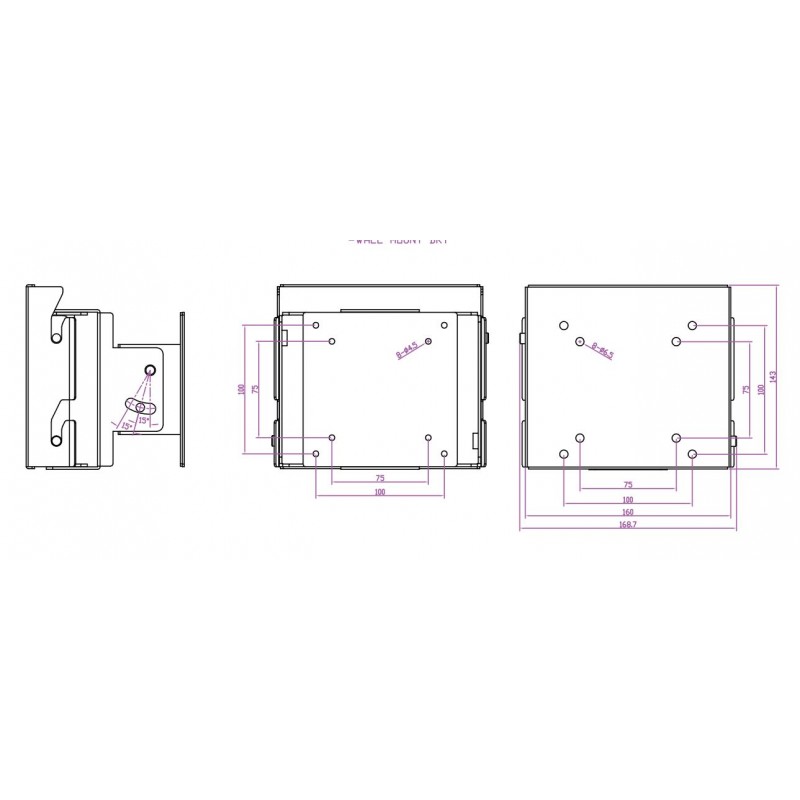 Väggfäste i 304L rostfritt stål för livsmedelsbearbetning, VESA-fäste 75/100, TFT-fäste, panel-PC-fäste