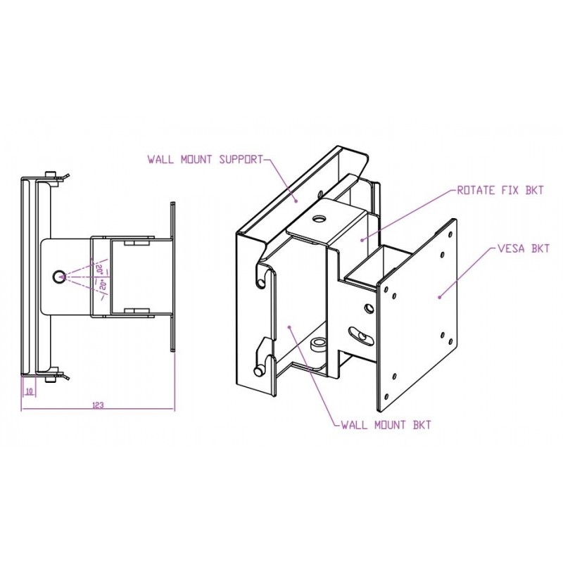 Väggfäste i 304L rostfritt stål för livsmedelsbearbetning, VESA-fäste 75/100, TFT-fäste, panel-PC-fäste
