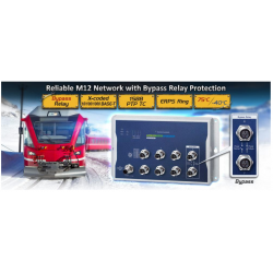 8 port Industrial Managed Gigabit switch IEEE 1588 and synchronous M12 connector. With automatic bypass