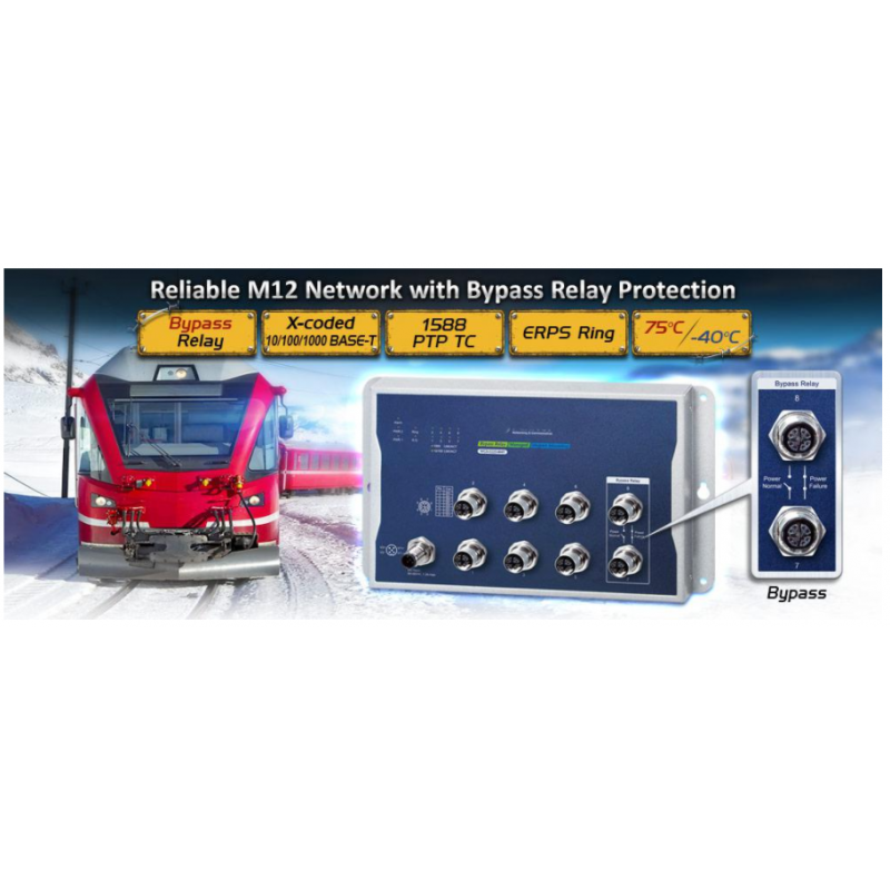 8-portars Industrial Managed Gigabit-switch IEEE 1588 och synkron M12-kontakt. Med automatisk bypass