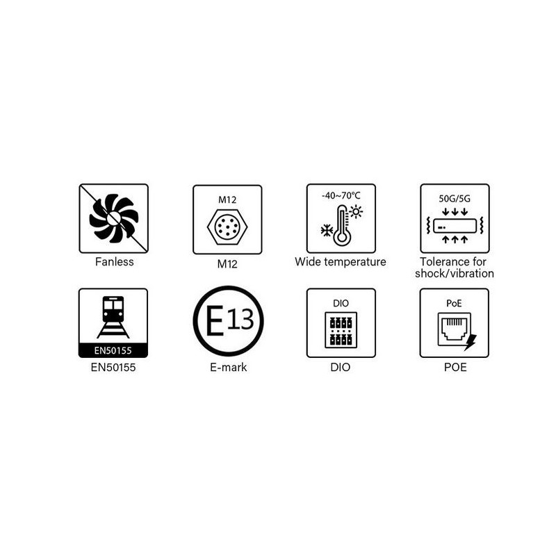 Blowerless Embedded PC I3, I5, I7 4K, E-Mark, Automotive Godkänd, E13 No.10R-0515210), LVD EN62368-1, EN50121-3-2, Järnväg