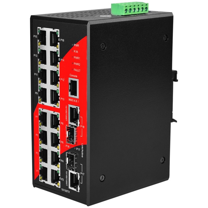 16 Portar Poe + DIN  RAIL, Fiber Interface 2 x SFP, SNMP Managed Industry Switch Extended Temperatur till 80°C, Redundant Ring