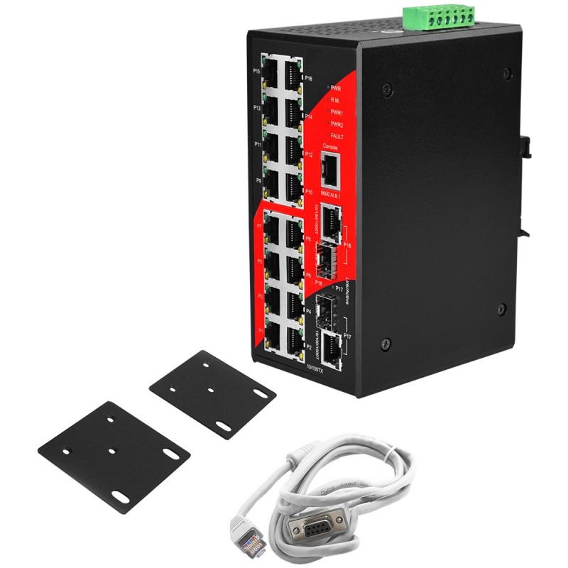 16 Ports PoE + DIN rail mount, fiber interface 2 x SFP, SNMP Managed Industry Switch Extended temperature to 80°C,Redundant Ring
