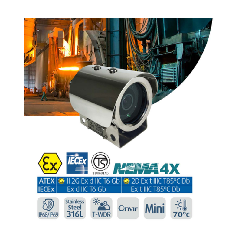 Explosion-proof 2MP ATEX Zone 1 and 2 CLASS IIC IP camera in 316L steel housing with motot zoom. IP68