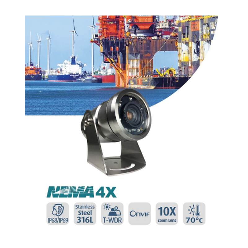 Vattentät 2 MP Bullet IP-kamera, anti-korrosion, stålhus, IP68 / IP69, 10 x ZOOM, -40℃ - +70℃