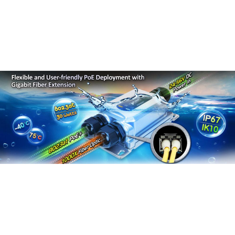 Vattentät mediaomvandlare för 1000Mbit Fiber och 100/1000Mbit RJ45, PoE+ IP67 IK10