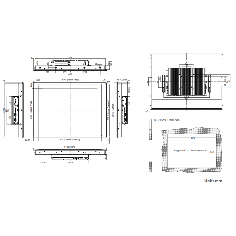 19" Modular Monitor TFT-LCD, Kapacitiv touch, IP65 Front