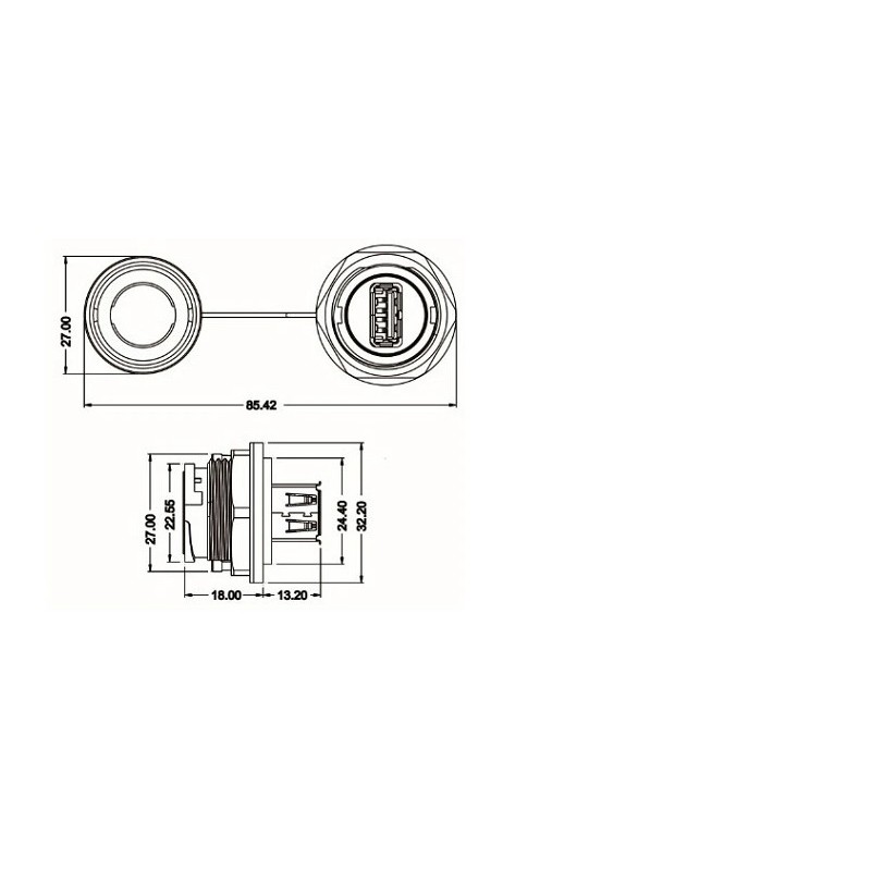 Waterproof USB3.0 A-A and-female female connector to the chassis, IP68 tightly capped.
