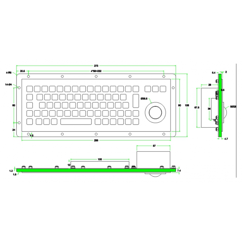 Industriellt tangentbord i rostfritt stål med styrkula för panelmontering