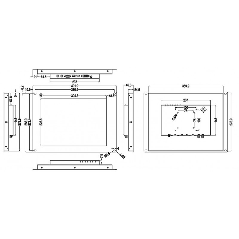 15" Industriell pekskärm med open frame eller panelfäste 300cd/m2, Vesa, touch HDMI, VGA, DVI, A/V