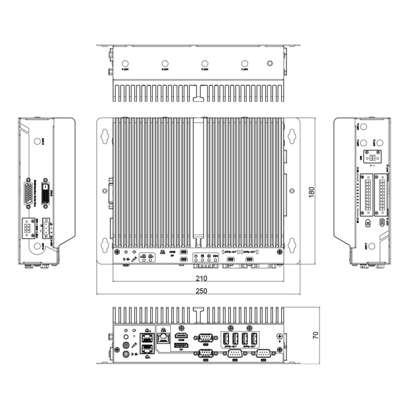 Inbyggd PC fläktlös, i7, 4xRS232, DP, HDMI, TPM 2.0 säker start, POE, digital I/O bred temperaturkontroll