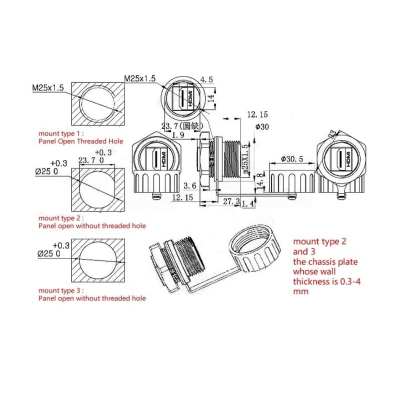HDMI IP68 Panel Connector Head - Female to Female