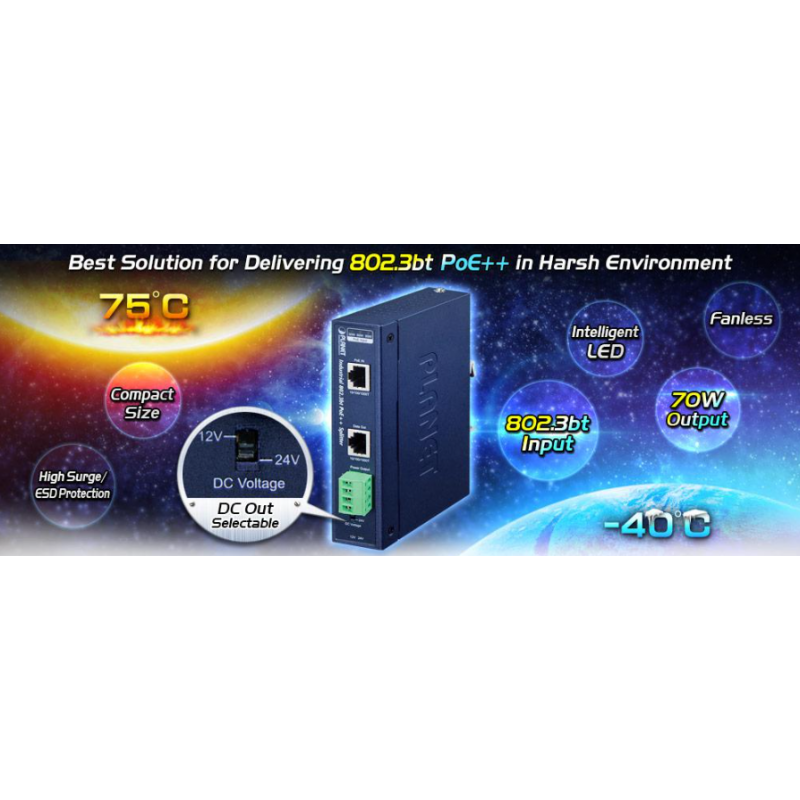 PoE++ splitter med 12VDC/5,8A eller 24VDC/2,2A utspänning